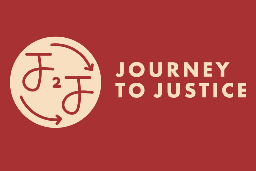 Parish of the Epiphany's Journey to Justice logo against brick-red background